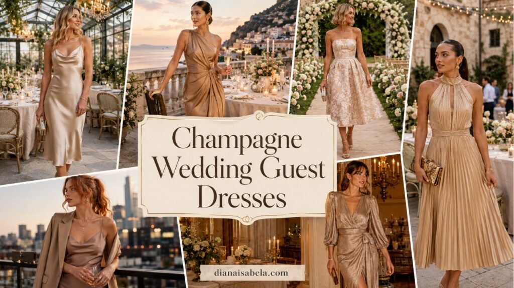 Champagne wedding guest dresses styled in elegant ways for different wedding settings