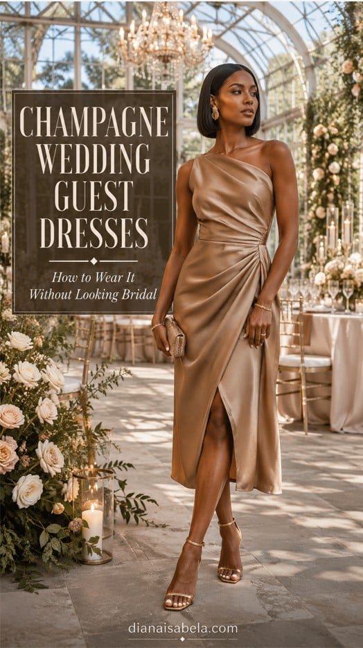 Champagne wedding guest dresses styled with elegant contrast for a polished wedding look