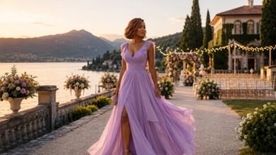 Chiffon Wedding Guest Dresses: How to Wear Light Fabric Without Looking Too Soft 7 Lavender chiffon wedding guest dress styled with refined accessories for an elegant lakeside sunset celebration