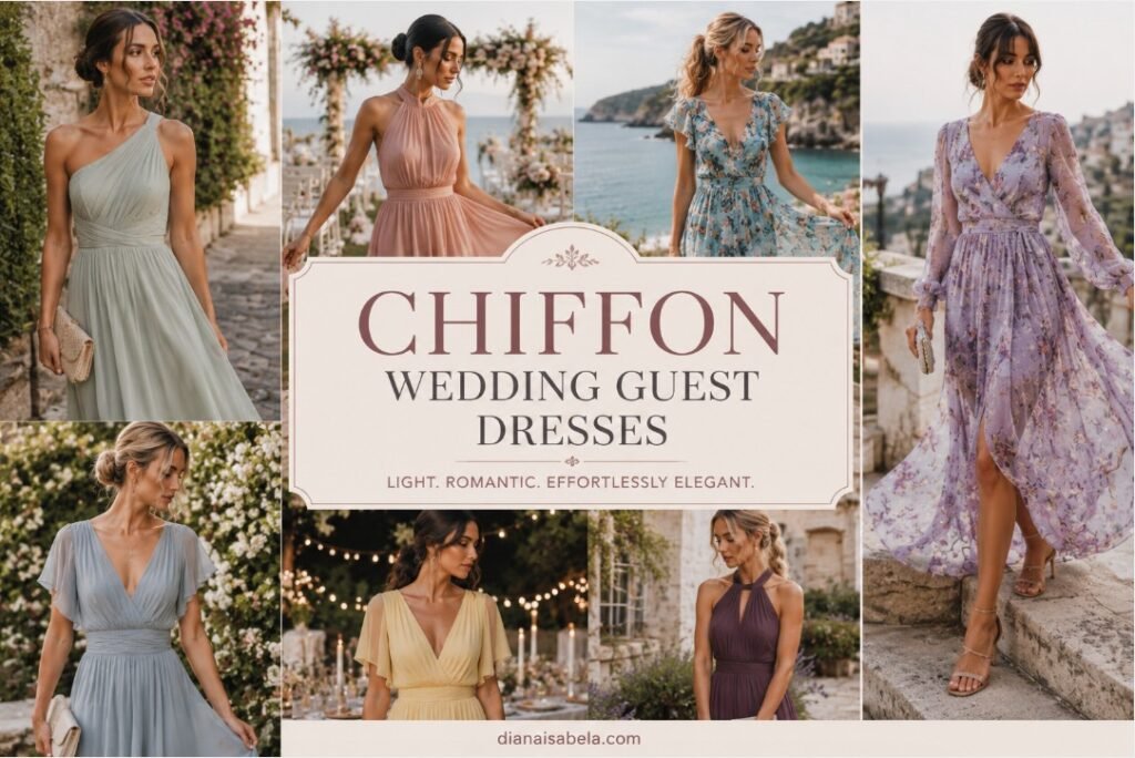 Chiffon wedding guest dresses styled in soft blue, sage, blush, lavender, floral, yellow, and plum for romantic celebrations