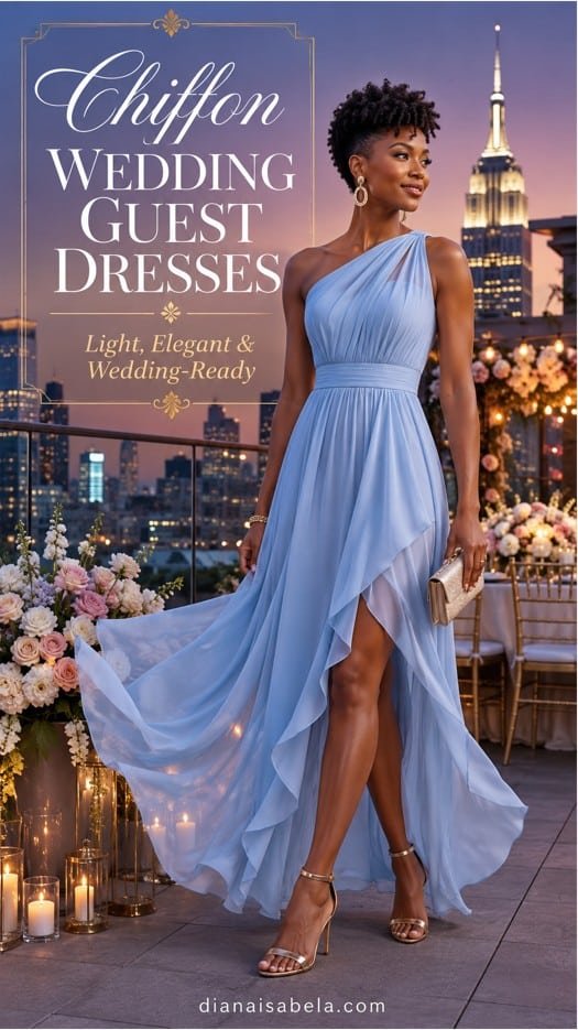 Chiffon wedding guest dress styled in soft blue with gold accessories for an elegant rooftop wedding celebration