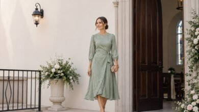 Woman wearing a modest sage green midi dress at an elegant church doorway for a church wedding guest outfit