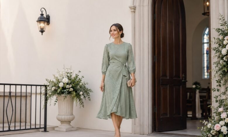 Church wedding guest dress idea with polished coverage, refined accessories, and ceremony-appropriate styling