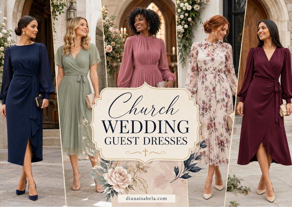 Collage banner with church wedding guest dresses featuring diverse women in modest midi dresses, wrap dresses, floral dresses, and elegant chapel outfits