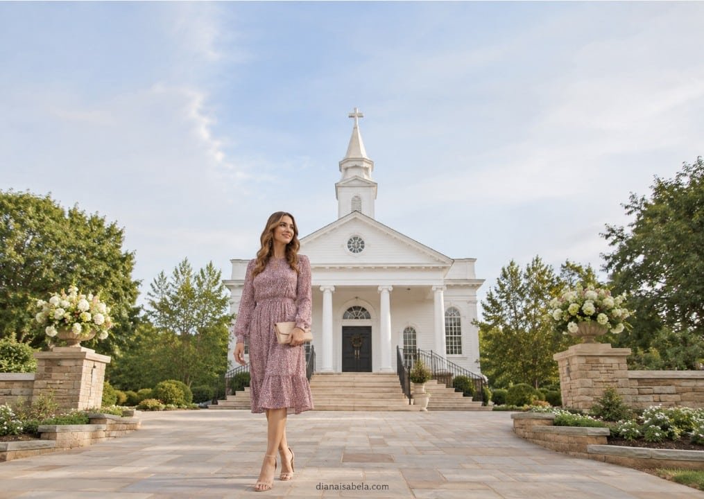 Woman wearing a modest pink midi dress as a church wedding guest outside a white American chapel