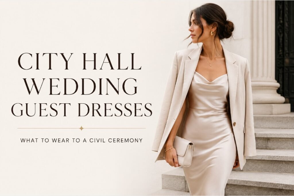 City Hall Wedding Guest Dresses: What to Wear to a Civil Ceremony 3 Woman in a satin dress and tailored blazer styled for a city hall wedding guest outfit