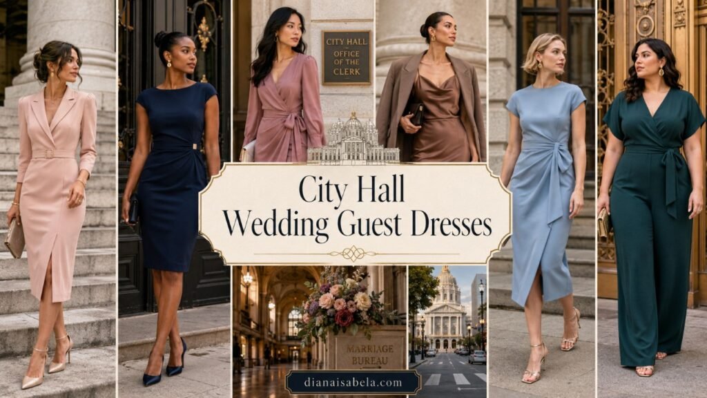 City Hall Wedding Guest Dresses: What to Wear to a Civil Ceremony 2 City hall wedding guest dresses collage with different women wearing polished civil ceremony outfits