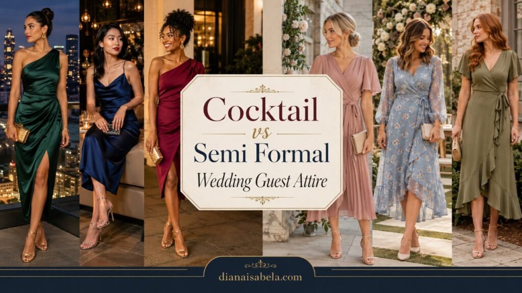 Collage banner comparing cocktail and semi formal wedding guest attire with different women in evening cocktail dresses and polished semi formal midi dresses