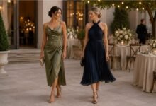 Two women wearing cocktail and semi formal wedding guest dresses at an elegant evening reception