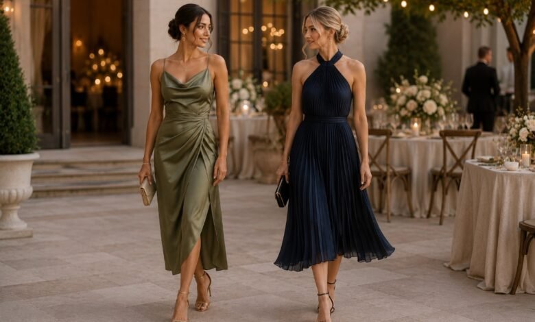 Two women wearing cocktail and semi formal wedding guest dresses at an elegant evening reception