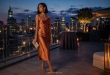 Stylish cocktail wedding guest in a copper satin midi dress on a penthouse rooftop with city skyline, candles, and evening reception lights
