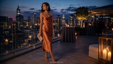 Stylish cocktail wedding guest in a copper satin midi dress on a penthouse rooftop with city skyline, candles, and evening reception lights