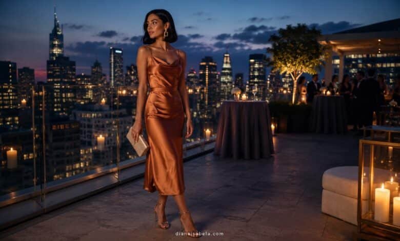 Stylish cocktail wedding guest in a copper satin midi dress on a penthouse rooftop with city skyline, candles, and evening reception lights