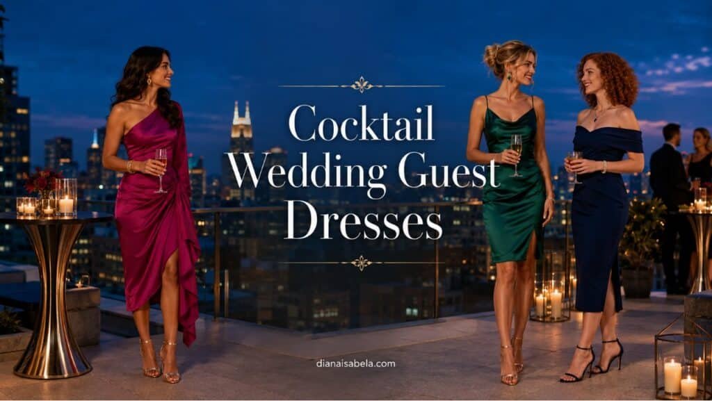 Cocktail wedding guest dresses banner with stylish women in magenta, emerald, and navy cocktail dresses on a rooftop at twilight