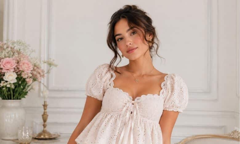 Woman wearing a romantic white lace babydoll top in a soft editorial fashion portrait