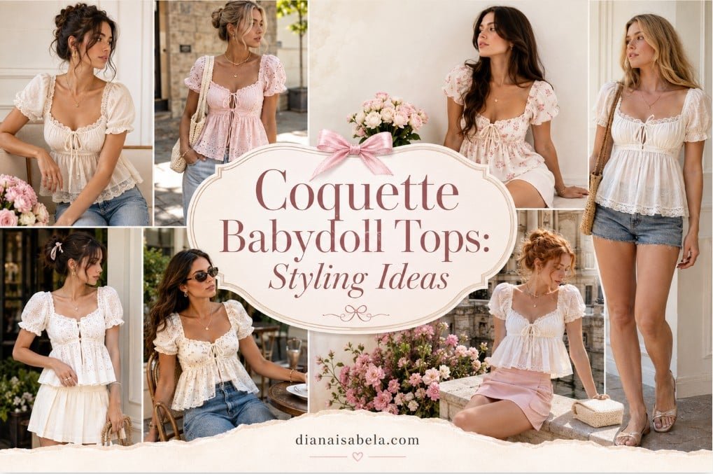 Editorial collage of different women wearing coquette babydoll tops in romantic styling ideas