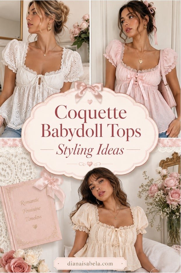 Vertical Pinterest collage of coquette babydoll tops with lace, bows, soft colors, and romantic outfit styling