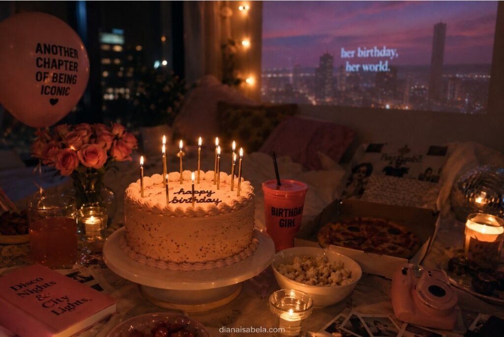 Cozy birthday slumber party with cake, candles, snacks, movie night setup, city lights, and pink party details