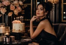 Luxury fashion magazine style birthday cover with elegant woman, cake, candles, flowers, gifts, and emotional birthday wish mood