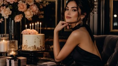 Luxury fashion magazine style birthday cover with elegant woman, cake, candles, flowers, gifts, and emotional birthday wish mood