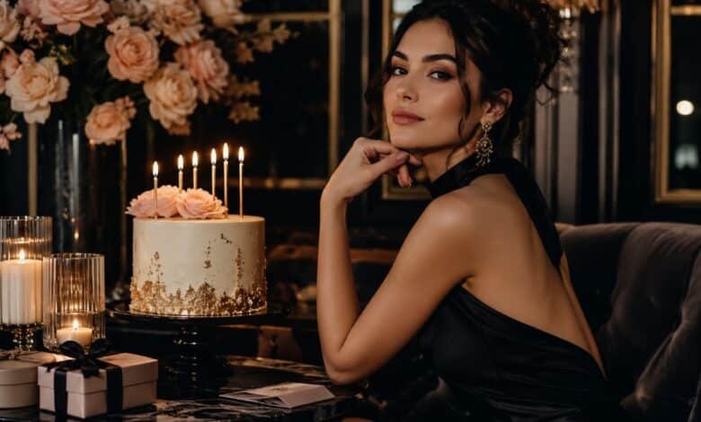 Luxury fashion magazine style birthday cover with elegant woman, cake, candles, flowers, gifts, and emotional birthday wish mood