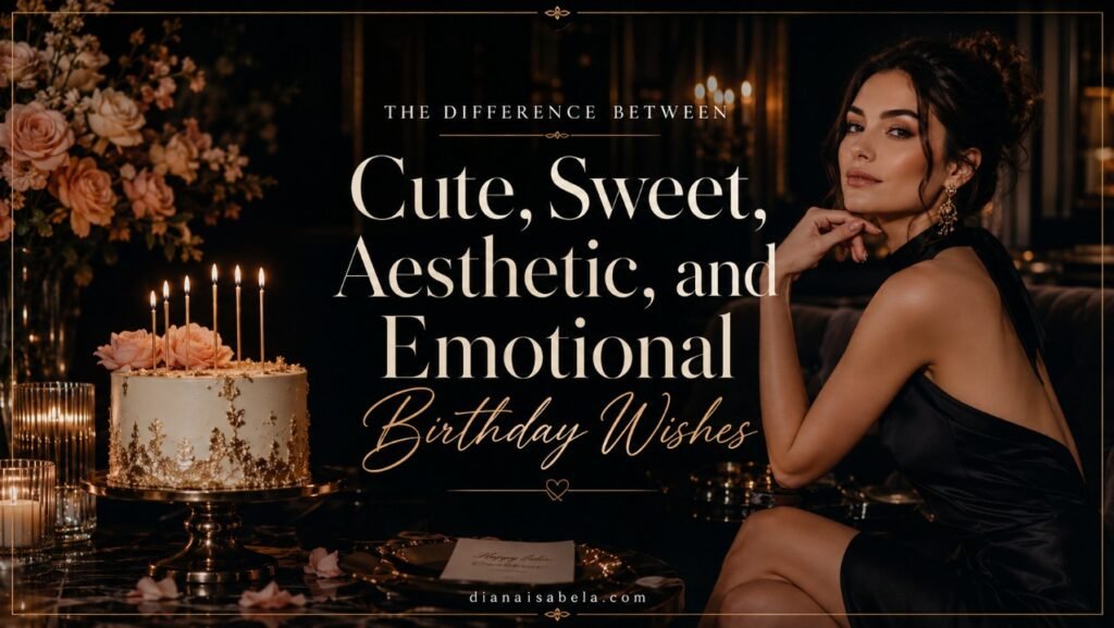 Luxury fashion magazine birthday wishes banner with centered title text, elegant woman, cake, candles, flowers, and dark celebration mood