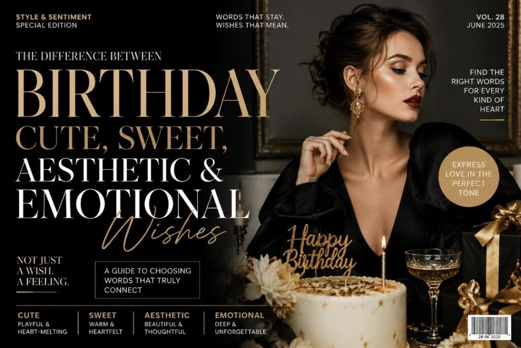 Luxury fashion magazine birthday wishes cover with elegant woman, cake, gifts, and editorial text about cute sweet aesthetic and emotional wishes