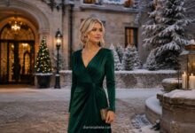 December wedding guest dress in emerald velvet at a snowy winter mansion wedding