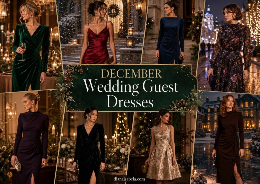 December Wedding Guest Dresses: Elegant Winter Looks for Candlelight, Cold Air, and Festive Rooms 3 December wedding guest dresses collage with velvet, satin, floral, and jewel tone winter guest looks