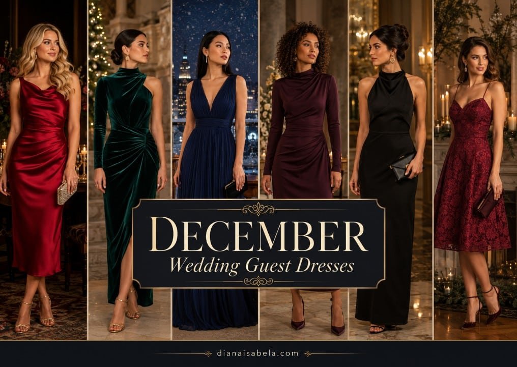 December Wedding Guest Dresses: Elegant Winter Looks for Candlelight, Cold Air, and Festive Rooms 2 December wedding guest dresses collage banner with different women in ruby, emerald velvet, midnight blue, aubergine, black, and burgundy winter dresses