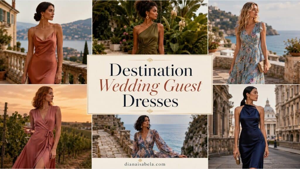 Destination wedding guest dresses collage with different women in coral satin, olive one shoulder, blue floral, rose wrap, printed chiffon, and navy city dresses
