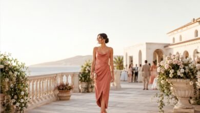 Woman wearing a coral satin destination wedding guest dress on an elegant seaside terrace at sunset