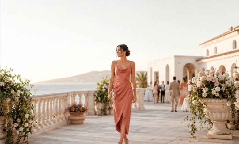 Destination wedding guest dress idea with sunset styling, travel-friendly elegance, and polished celebration details