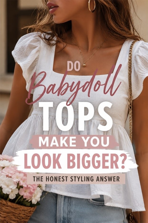 Do Babydoll Tops Make You Look Bigger? The Honest Styling Answer 3 Close-up of a woman wearing a white babydoll top with the text do babydoll tops make you look bigger