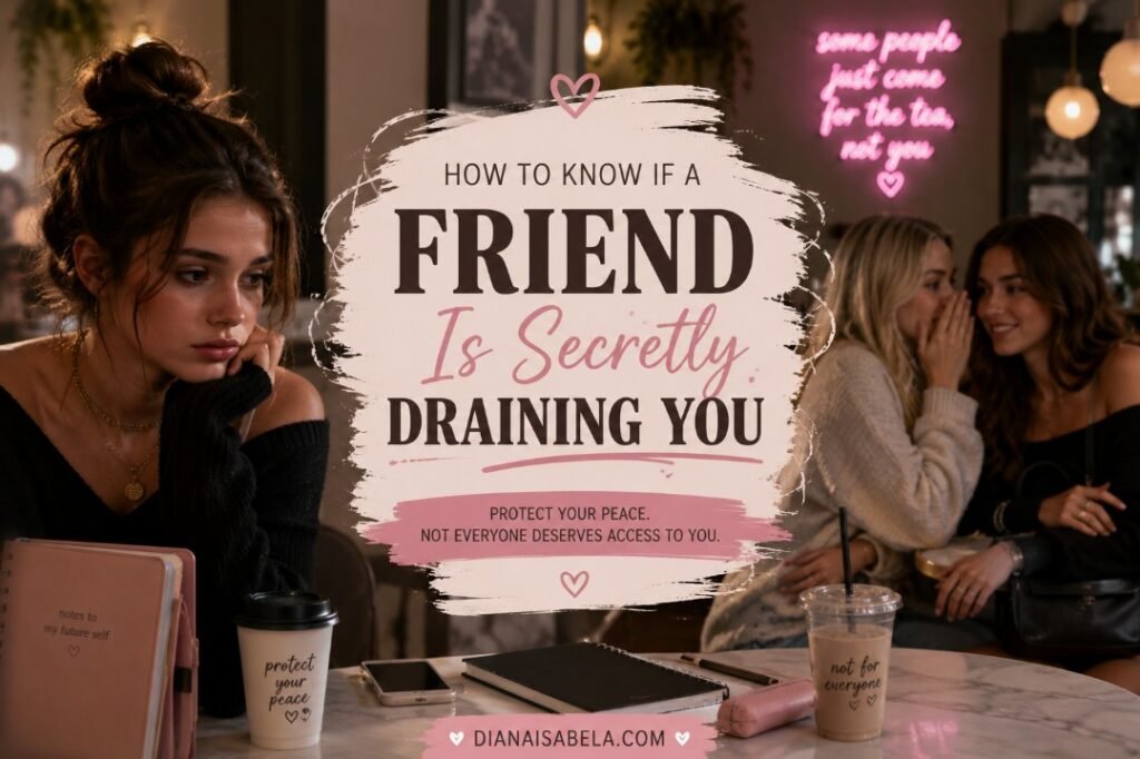 Draining friend banner with sad girl in café, whispering friends, group chat tension, coffee cups, notebooks, and central text about friendship drama