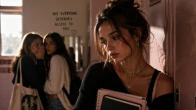 Draining friend cover with sad teenage girl by school lockers while two girls whisper behind her in an emotional friendship drama scene