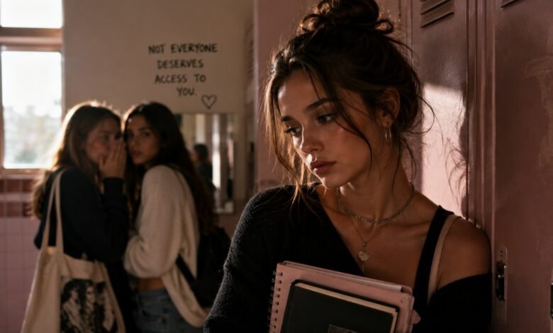 Draining friend cover with sad teenage girl by school lockers while two girls whisper behind her in an emotional friendship drama scene