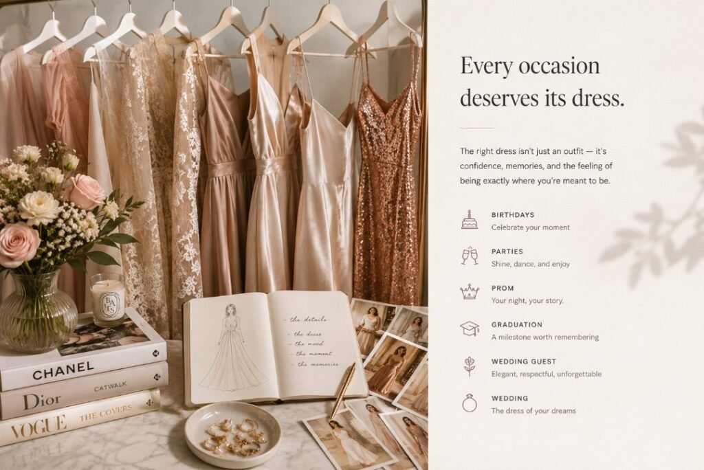 Dresses: Style Guides for Birthdays, Parties, Prom, Weddings & Big Moments 2 Elegant dresses guide flat lay with satin dresses, flowers, fashion sketchbook, jewelry, style books, and occasion dress notes