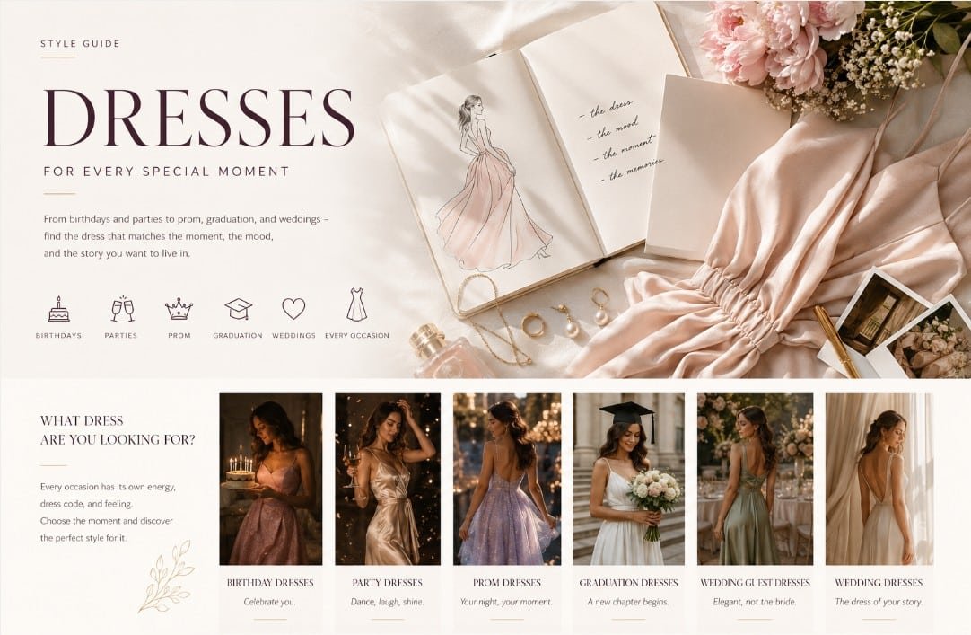 Elegant dresses style guide cover with fashion sketchbook, soft satin dress, flowers, jewelry, and dress inspiration cards for special occasions