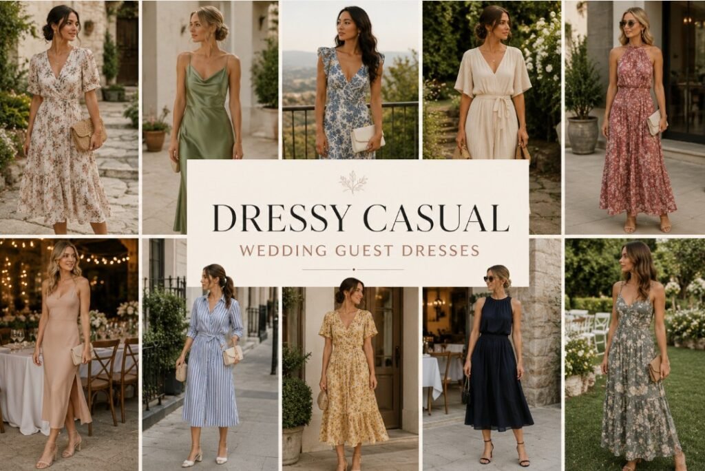 Collage banner with dressy casual wedding guest dresses, featuring diverse women in polished midi dresses, floral dresses, slip dresses, and relaxed elegant wedding guest outfits
