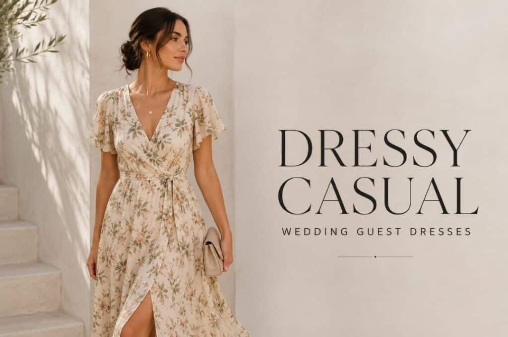Woman wearing a floral dressy casual wedding guest dress in a clean editorial outdoor setting