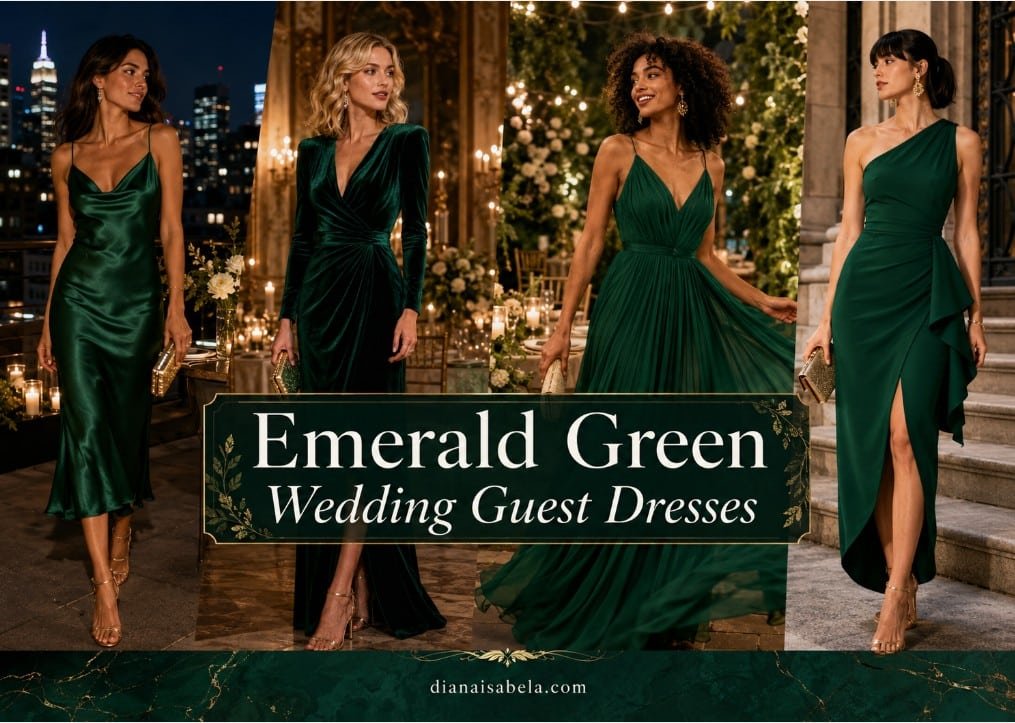 Emerald green wedding guest dresses styled with luxe fabrics, gold accessories, and elegant evening details