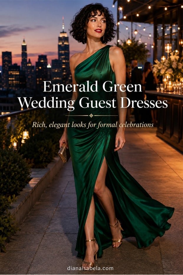 Emerald green wedding guest dress styled with gold accessories for a rich formal evening celebration