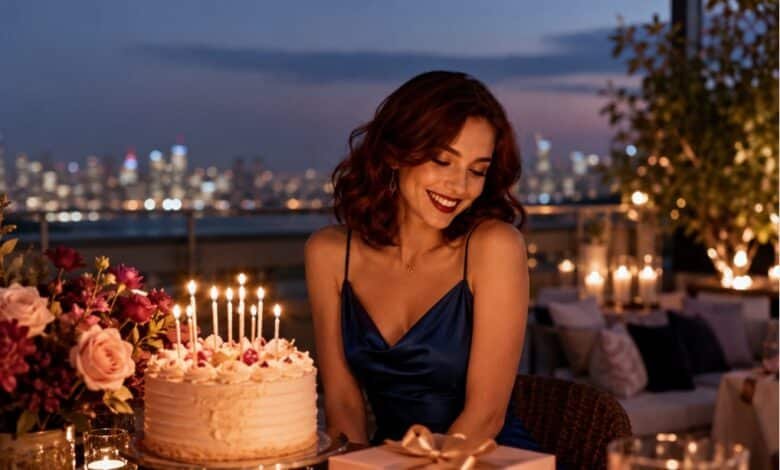 Emotional birthday wishes for girlfriend with a romantic rooftop celebration