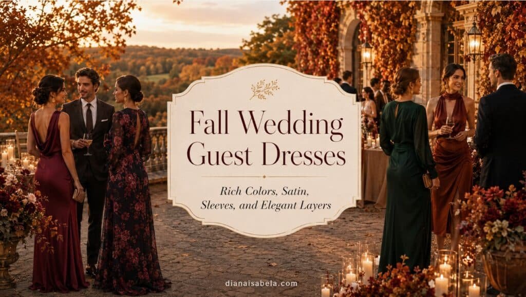 Fall wedding guest dresses banner with stylish guests in burgundy, emerald, dark floral, and rust outfits at a candlelit autumn estate wedding
