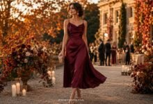 Elegant fall wedding guest in a burgundy satin midi dress at an autumn estate wedding with candles, flowers, and golden leaves