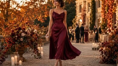 Elegant fall wedding guest in a burgundy satin midi dress at an autumn estate wedding with candles, flowers, and golden leaves