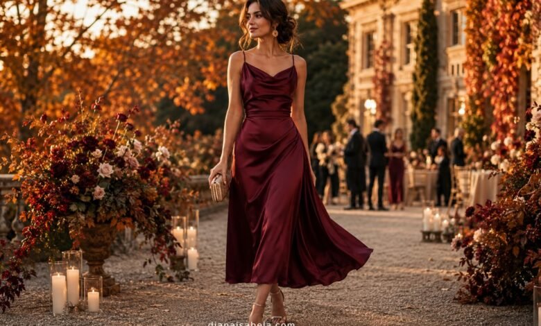 Elegant fall wedding guest in a burgundy satin midi dress at an autumn estate wedding with candles, flowers, and golden leaves