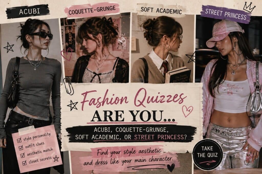 Fashion Quiz: Are You Acubi, Coquette-Grunge, Soft Academic, or Street Princess? 2 Stylish fashion quiz cover with four different aesthetic moodboards for Acubi, Coquette-Grunge, Soft Academic, and Street Princess styles