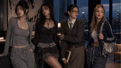 Four stylish girls in different fashion aesthetics posing in a city loft for a fashion quiz about personal style
